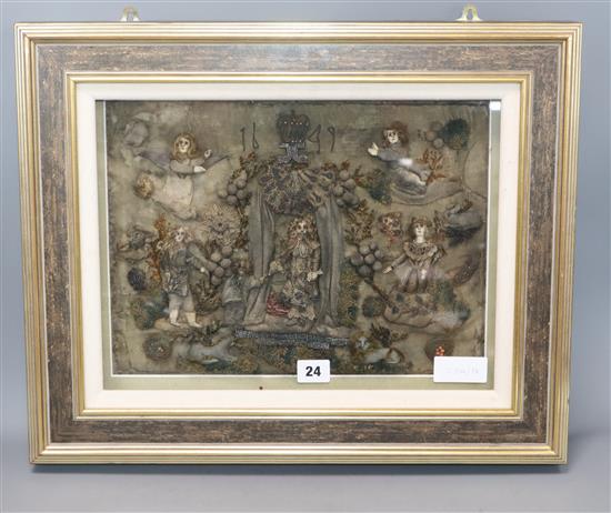 A 1699 stumpwork panel depicting Charles and attendants (poor condition)